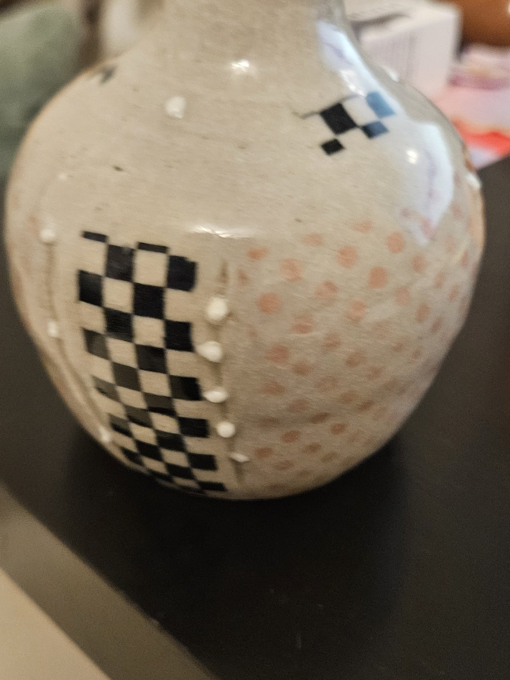 Handcrafted Small  Ceramic Vase with Black Check and Peach Dot Pattern
